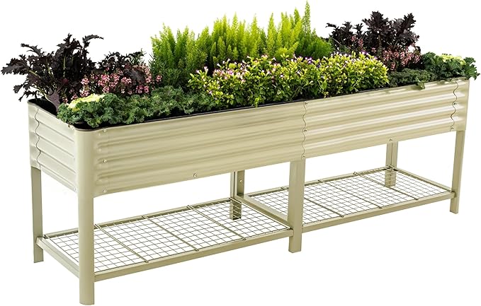 Elevated Raised Garden Bed-V Series, 2' x 8' Garden Beds with Legs & Storage Rack for Patio Porch, 1400 Lbs Weight Capacity, Outdoor Planter Boxes for Gardening Herbs Vegetables Flowers, Pearl White