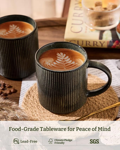 famiware Coffee Mug Set for 8, Star 16 oz Catering Mugs Cup Set with Handle for Coffee, Tea, Cocoa, Milk - Ceramic Stoneware Drinkware Set, Deep Forest