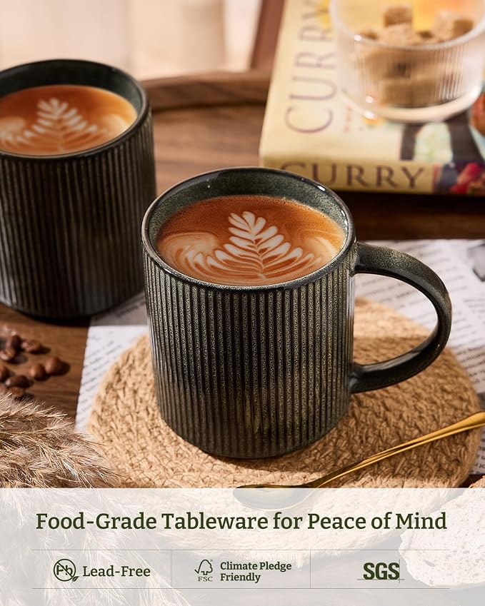 famiware Coffee Mug Set for 4, Star 16 oz Catering Mugs Cup Set with Handle for Coffee, Tea, Cocoa, Milk - Ceramic Stoneware Drinkware Set, Deep Forest
