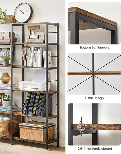 VASAGLE 6-Tier Tall Bookshelf, Bookcase, Large Metal Shelf, 11.8 x 47.2 x 67.9 Inches, for Living Room, Kitchen, Pantry, Study, Home Office, Rustic Brown and Black ULLS114B01