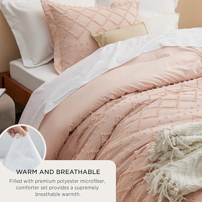 Bedsure Twin XL Comforter Set - Coral Pink Twin Extra Long Comforter Set for College, Shabby Chic Dorm Bedding Set, 2 Pieces Boho Farmhouse Bed Set, includes 1 Pillow Sham
