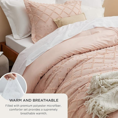 Bedsure Twin/Twin XL Comforter Set - Coral Pink Boho Twin Extra Long Comforter Set for College, Shabby Chic Dorm Bedding Set, 2 Pieces Modern Farmhouse Bed Set, includes 1 Pillow Sham