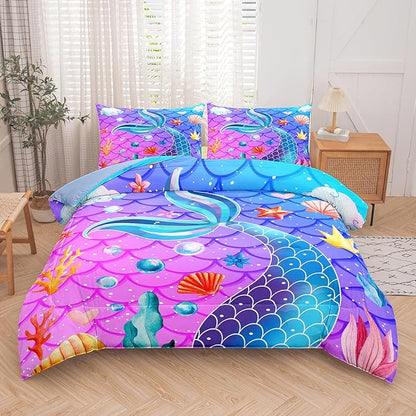 NINENINE Purple Mermaid Tail Comforter Sets for Girls,Twin Princess Bedding Sets for Teens Girls,Blue Glitter Comforter Sets,Sparkly Fish Scales Comforter Sets with 1 Comforter 1Pillowcase