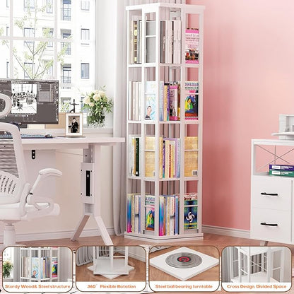 Aheaplus Rotating Bookshelf, Corner Bookshelf, 360 Display Wood Spinning Bookshelf, Floor Standing Bookcase Narrow Shelf Revolving Organizer Storage Rack for Small Space, Bedroom, Study Room, White