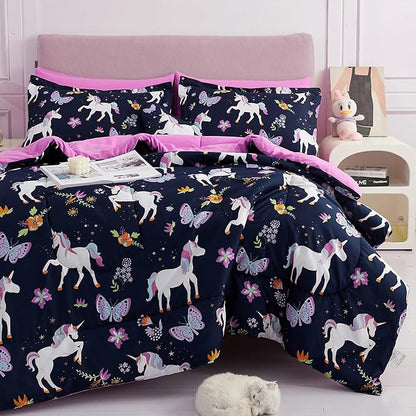 Mooreeke Kids Comforter Bed Set Full Size for s Girls, 8 Pieces Bed in a Bag with Shams, Sheet Set, Purple Pink Unicorn Full Soft Microfiber Kids Comforter Bedding Set