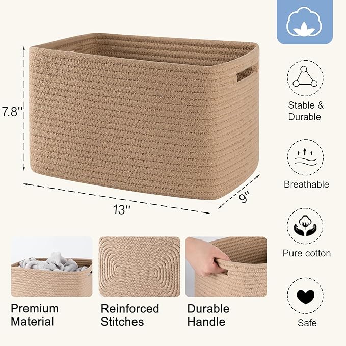 4 Pack Storage Baskets for Organizing, Woven Baskets for Shelves - Perfect for Toys, Books, Towels, and Clothes, Durable Gift Basket Bins Toy Storage, 12.7''L x9''W x7.8''H, Jute
