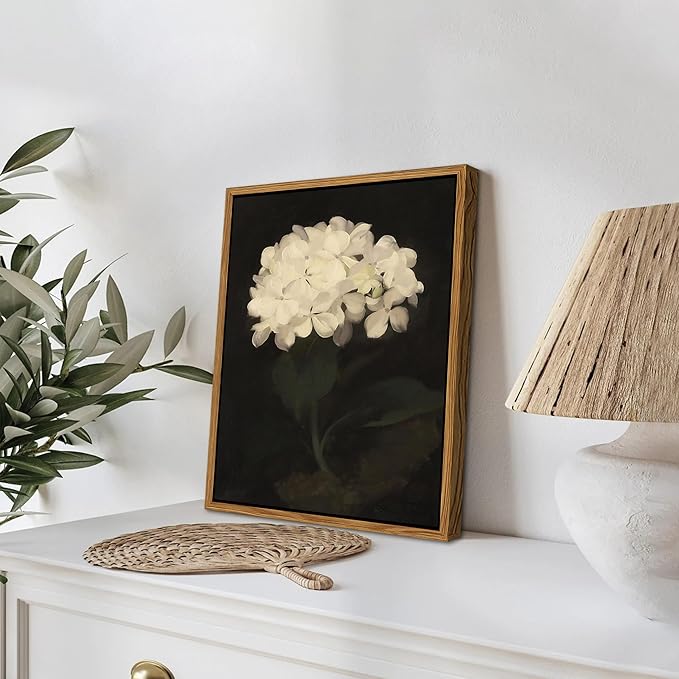 Framed Wall Art for Living Room – Vintage White Hydrangea Oil Painting Canvas Prints, Aesthetic Bedroom Wall Art, Kitchen Decor for Shelves, Bathroom Office Artwork Wall Decor – 8x10in