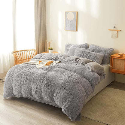 FOPPA Gray fluffy Comforter Cover Set king- Ultra Soft fluffy gray Bedding Sets 3 Pieces (1 Duvet Cover + 2 Pillow case) pink fluffy bed set (Gray, King)