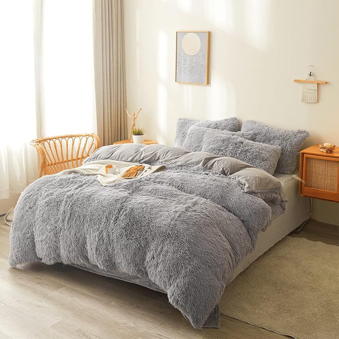 Fluffy gray comforters Cover twin size - Ultra Soft Plush gray bedding Sets 2 Pieces (1 faux fur comforter Cover + 1 fuzzy pillow case) girls shaggy gray twin bed set (Gray, Twin)