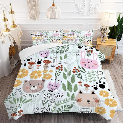 Floral Cartoon Cat Comforter Set Bedding Twin Size for Girls Boys Kids Children Green Animals Print Bedroom Dorm Quilt 1 Comforter + 1 Pillow Case