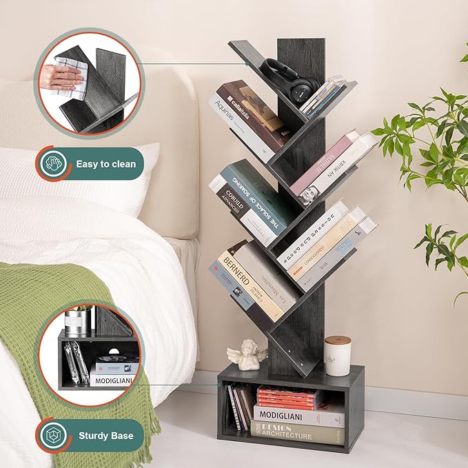Yoobure Tree Bookshelf - 6 Shelf Retro Floor Standing Bookcase, Tall Wood Book Storage Rack for CDs/Movies/Books, Utility Book Organizer Shelves for Bedroom, Living Room, Home Office, Dark Grey
