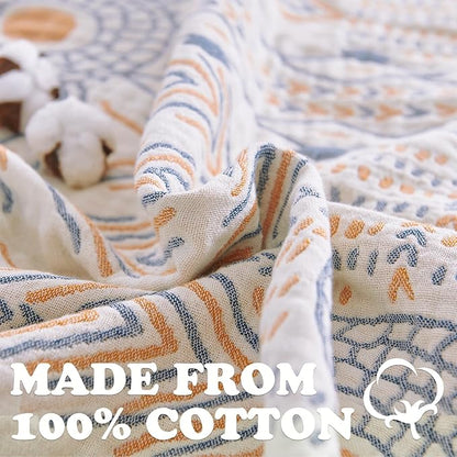 jinchan Boho 100% Cotton Muslin 50x60 Throw Blanket Lightweight 4-Layer Orange Multi Reversible Blanket Washable Breathable Decorative Geometric Striped Pattern Soft Comfy for Couch Bed All Seasons