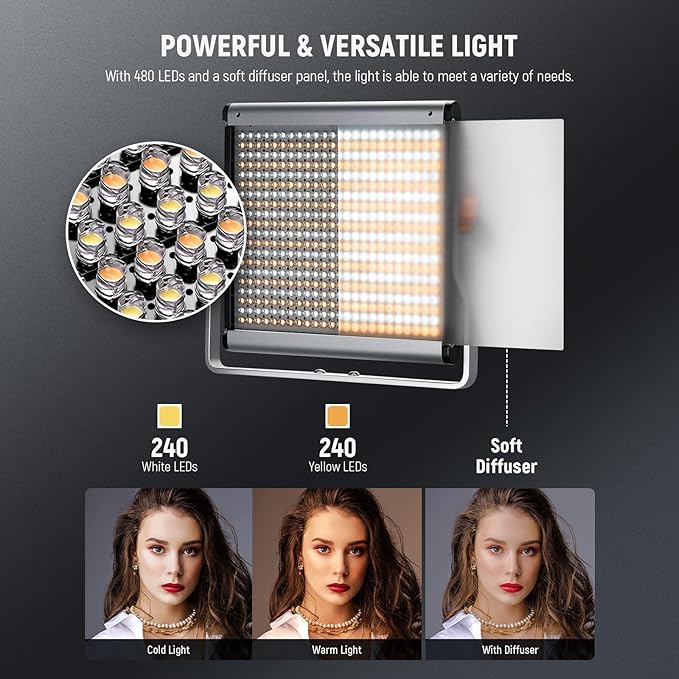 NEEWER 2 Pack Bi Color Dimmable 480 LED Video Light and Stand Kit, 28W 3200K-5600K CRI 96+ LED Panel with U Bracket, 75" Light Stand, Cleaning Cloth, Bag for YouTube Video Recording Studio Photography