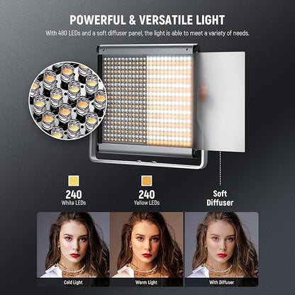 NEEWER 2 Pack Bi Color Dimmable 480 LED Video Light and Stand Kit, 28W 3200K-5600K CRI 96+ LED Panel with U Bracket, 75" Light Stand, Cleaning Cloth, Bag for YouTube Video Recording Studio Photography