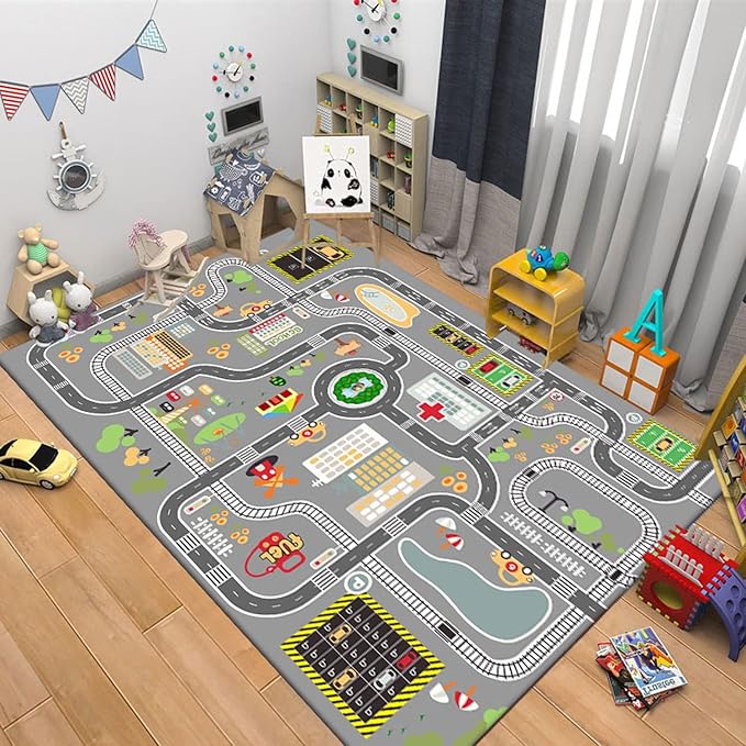 Kids Rug Play Mat Great for Playing with Cars and Toys,Educational Kid Road and Traffic City Life Carpet,Children Baby Fun Throw Rug for Bedroom Play Room,71X106Inch/180X280CM