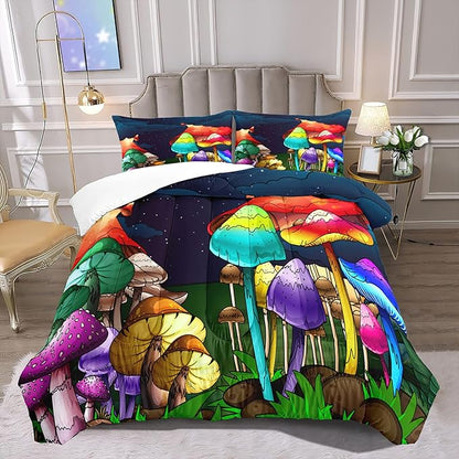Girls Mushroom Comforter Set Queen Mushroom Bedding for Girls Mushroom Print Queen Size Bedding Set Cartoon Mushroom Pattern Kids Bedding Set, Colorful, 1 Comforter+2 Pillowcases