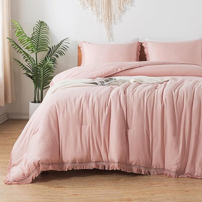 Andency Pink Comforter Set King Size for Girls, Blush Boho Women Tassel Lightweight Bedding Comforter Sets, 3 Pieces All Season Soft Fluffy Fringe Bed Set (104x90In Comforter & 2 Pillowcases)
