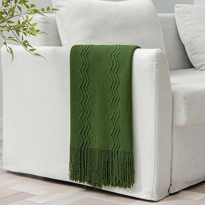 MIULEE Olive Green Knitted Throw Blanket for Couch Boho Textured Cozy Woven Blanket with Tassels for Sofa Chair Bed Living Room Spring Acrylic Wave Pattern 50"x60"