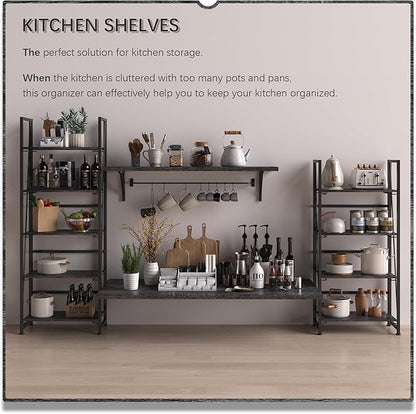 4NM No-Assembly Folding Bookshelf Storage Shelves 5 Tiers Vintage Bookcase Standing Racks Study Organizer Home Office (Gray)