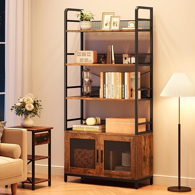 GAOMON Industrial Bookshelf with Doors 70.87" Tall Bookcase with 4 Tiers Open Storage Shelf Rustic Bookshelves Display Rack Cabinet Farmhouse Bookshelf for Bedroom, Living Room, Home Office, Brown