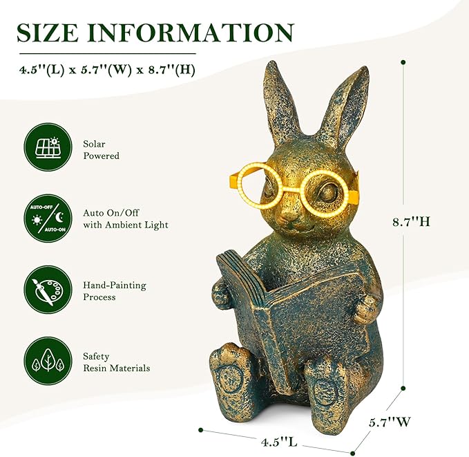 Solar Garden Decor, Adorable Rabbit Statue with Solar-Powered Glasses, Outdoor Decoration Lights for Patio, Yard & Balcony, for Kids, Mom & Grandma