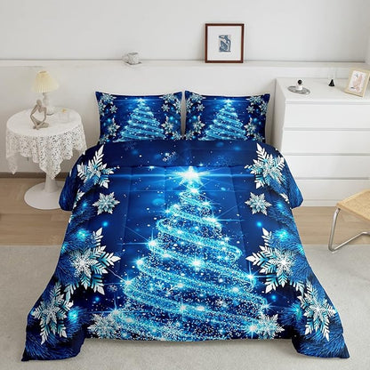 Feelyou Girls Christmas Tree Comforter Set Blue Xmas Theme Comforter Queen Chic Winter Snowflake Bedding Set for Girls Daughter Bedroom Decor Soft Girly Glitter Quilted Duvet Winter Warm Bedding