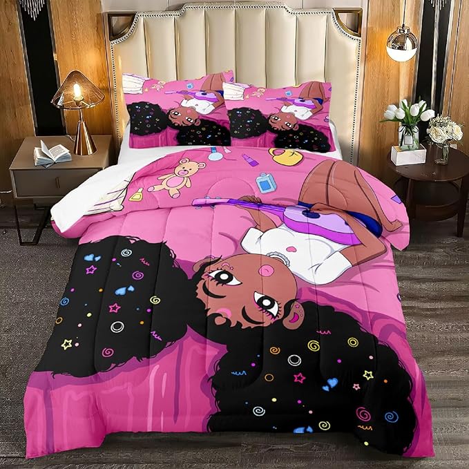 Black Girl Magic Queen Comforter Set - Black African American Girls Queen Bedding Set Princess Queen Comforter Room Decor Black Girl Bedding Sets for Girls Teens, 1 Comforter+2 Pillowcases
