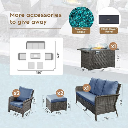 Yechen Patio Conversation Set with 44" Propane Gas Fire Pit Table - 6 Pcs Outdoor Wicker Furniture Set with Lid & Wind Shields - Luxury 7 Seats Sectional Sofa Set for Porch,Backyard