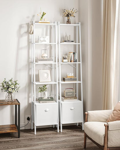Narrow Bookshelf Bookcase with Drawer, Ladder Shelf with 2 Hooks, Bookshelves Storage Organizer, Freestanding Display Standing for Home Office, Bedroom, 6 Tier White BC19613W