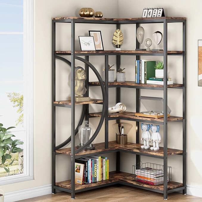 TIYASE 6-Shelf Corner Bookshelf Industrial 6-Tier Corner Etagere Bookcase, Large Corner Shelf L-Shaped Book Shelves Display Storage Rack with Metal Frame for Living Room Home Office, Rustic Brown