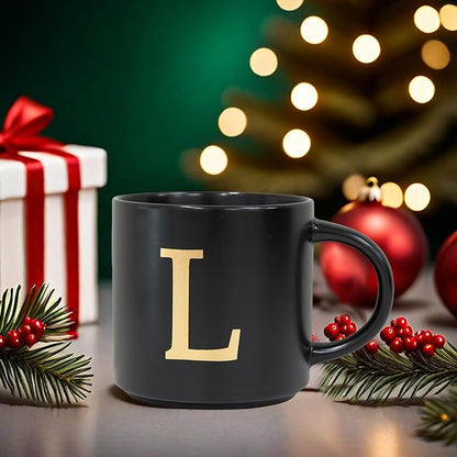 COLLECTIVE HOME - Monogram Ceramic Mugs, 15 oz Golden Initial Black Coffee Cups, Elegant Alphabet Tea Mugs, Elegant Personalized Mug with Gift Box, Unique Mug with Double Side Capital Lette (H)