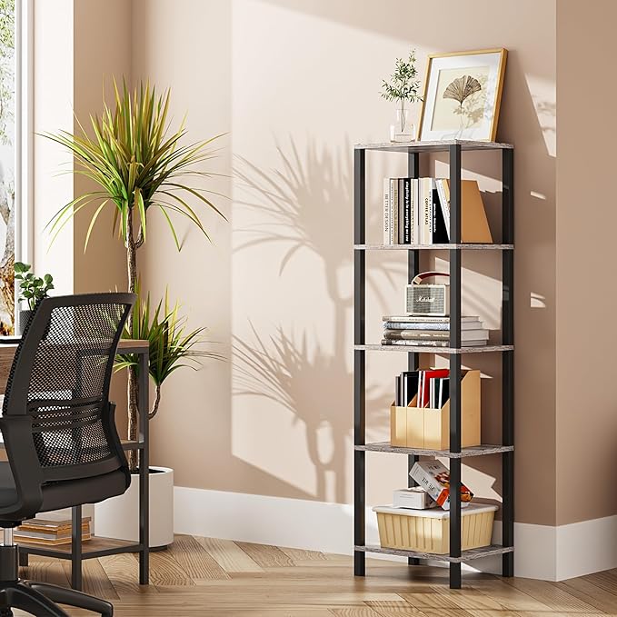 TUTOTAK Bookshelf, 5-Tier Tall Book Shelf, Narrow Bookcase for Small Space, DIY Stackable Bookshelf, for Living Room, Office, Study, Entryway, Industrial, Greige and Black BS01BG005