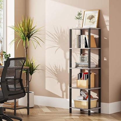 TUTOTAK Bookshelf, 5-Tier Tall Book Shelf, Narrow Bookcase for Small Space, DIY Stackable Bookshelf, for Living Room, Office, Study, Entryway, Industrial, Greige and Black BS01BG005