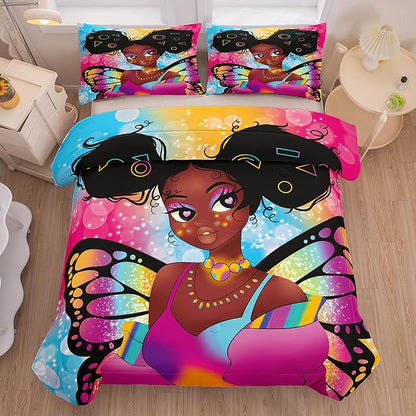Tailor Shop Fantasy Black Girl Comforter Set Rainbow Butterfly Full Size Bedding Sets for Girls Kids Kawaii Magic African American Black Girl Bedding Set with 2 Pillowcase Girls Room Decor