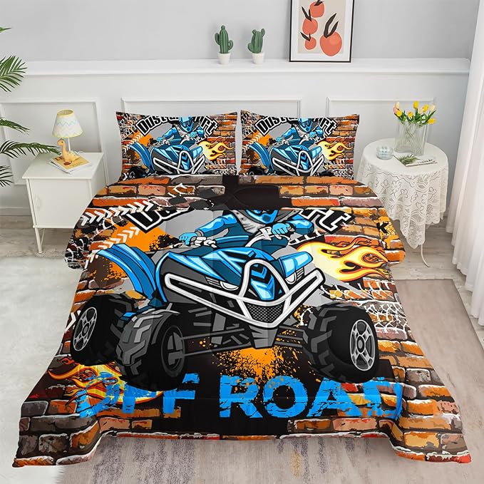 Axolotl Quad Bike Bedding Set Queen,Dirt Bike Comforter Set,Extreme Sports Bedding Set,Sports Theme Comforter Set,Tractor Truck Bedding,Motorcycle Comforter for Kids Boys Teens,1 Quilt 2 Pillowcases