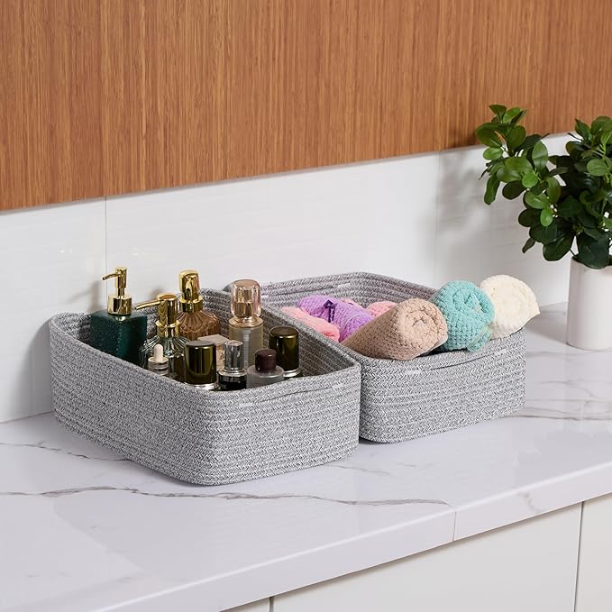 Large Shallow Organizing Baskets 15x11x5.1 Inches - Rope Woven Storage Bins for Bathroom, Shelves, Cube Closet, Mixed Grey 2 Packs