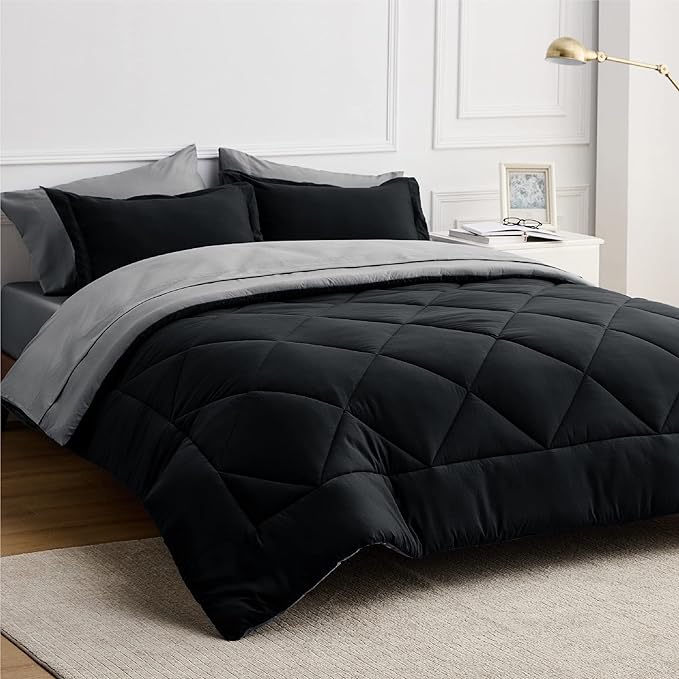 Bedsure Twin Bedding Set - 5 Pieces Reversible Twin Comforter Set, Black Extra Long Twin Bed in a Bag with Comforters, Sheets, Pillowcase & Sham, Bed Set Twin