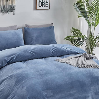 Wellboo Blue Velvet Bedding Comforter Sets California King Adults Men Solid Lake Blue Fluffy Comforters Cotton Women Plain Haze Blue Flannel Quilts Cal King Micromink Sherpa Blankets Aesthetic Bed