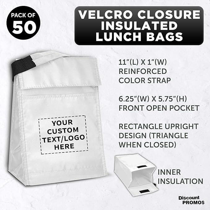 DISCOUNT PROMOS 50 Hook and Loop Insulated Lunch Bags Set - Customizable Text, Logo - Polyester, Durable, Vibrant, Reusable - White
