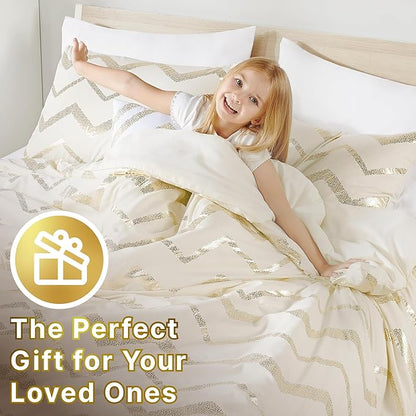 Codi Cream White and Gold Comforter Set for Full/Queen Size Bed, Cute Metallic Ivory Bed Sets, 4 Piece (2 Matching Shams + 1 Decorative Pillow)