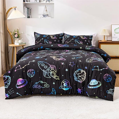 Aimuan Space Comforter Twin Set Kids Rocket Bedding Set Super Soft & Cute Aliens UFO Printed for Boys Girls Teen (Black, Full 5Pcs)