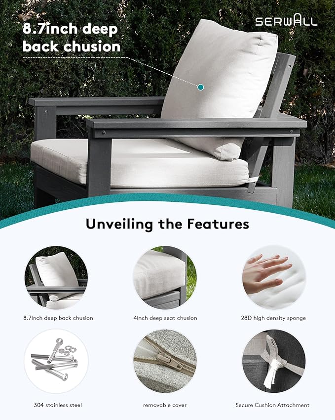 SERWALL HDPE Patio Coversation Set, 7-piece Outdoor Sectional Sofa Set, All Weather Patio Couch Set Patio Furniture for Balcony, Deck, Grey Frame with Khaki Cushion