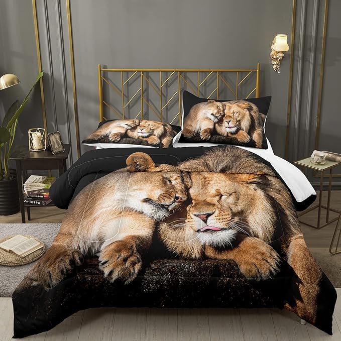 Bodhi Lover Couple Lion Comforter Set Twin Soft Microfiber Lion Bedding Set Twin Size Animal Comforter Set with Pillowcases,1 Comforter+1 Pillow Shams #4004