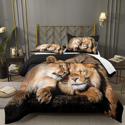 Bodhi Lover Couple Lion Comforter Set King Soft Microfiber Lion Bedding Set King Size Animal Comforter Set with Pillowcases,1 Comforter+2 Pillow Shams #4004