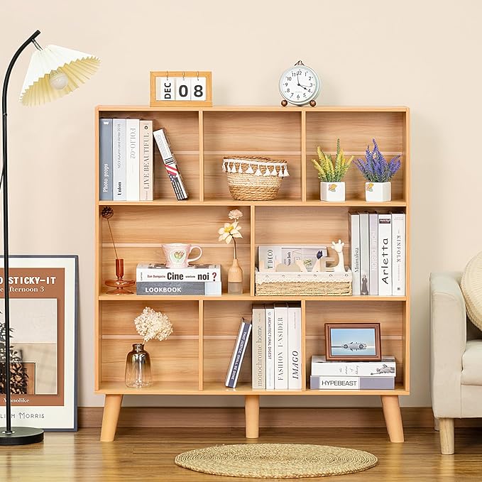 LEYAOYAO Wooden 8 Cube Book Shelf, Natural 3 Tier Bookshelf with Legs, Modern Open Storage Organizer,Boho Bookcase,Display Cabinet Shelf Free Standing Bookshelves for Bedroom,Living Room,Office