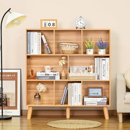 LEYAOYAO Wooden 8 Cube Book Shelf, Natural 3 Tier Bookshelf with Legs, Modern Open Storage Organizer,Boho Bookcase,Display Cabinet Shelf Free Standing Bookshelves for Bedroom,Living Room,Office
