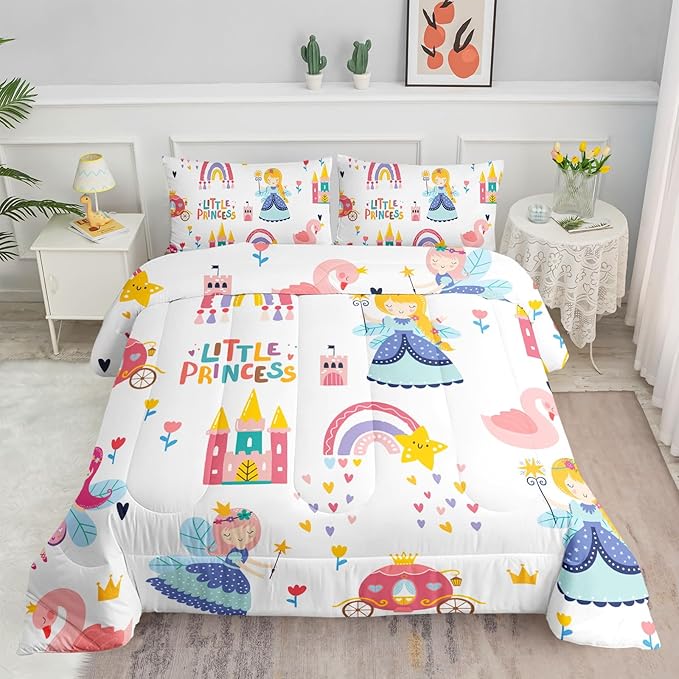 Datura home Girls Bedding Comforter Set Little Princess and Rainbow Castle Printed Pattern Quilt Bedding Set with 1 Comforter and 2 Pillowcases for Girls Bedroom All Season(Princess Full)80x90in