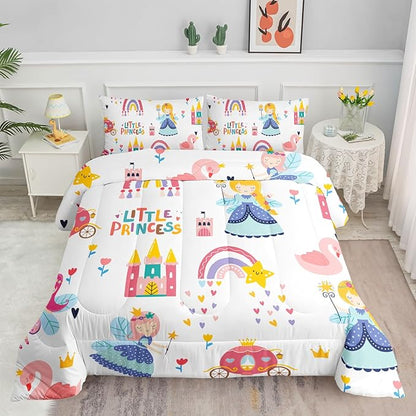 Datura home Girls Bedding Comforter Set Little Princess and Rainbow Castle Printed Pattern Quilt with 1 2 Pillowcases for Bedroom All Season(Princess Queen), Queen 90x90inches