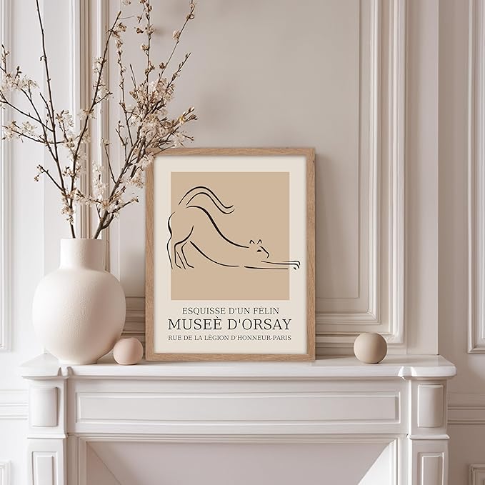 Poster Master Vintage Poster - Retro Minimalist Print - Gift for Artist, Housewarming - Cat, Line Drawing, Sketch, Abstract - Wall Decor for Living Room, Bedroom, 8x10 Beige Framed