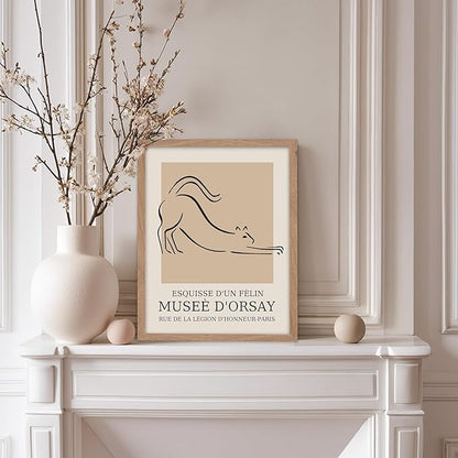 Poster Master Vintage Poster - Retro Minimalist Print - Gift for Artist, Housewarming - Cat, Line Drawing, Sketch, Abstract - Wall Decor for Living Room, Bedroom, 8x10 Beige Framed